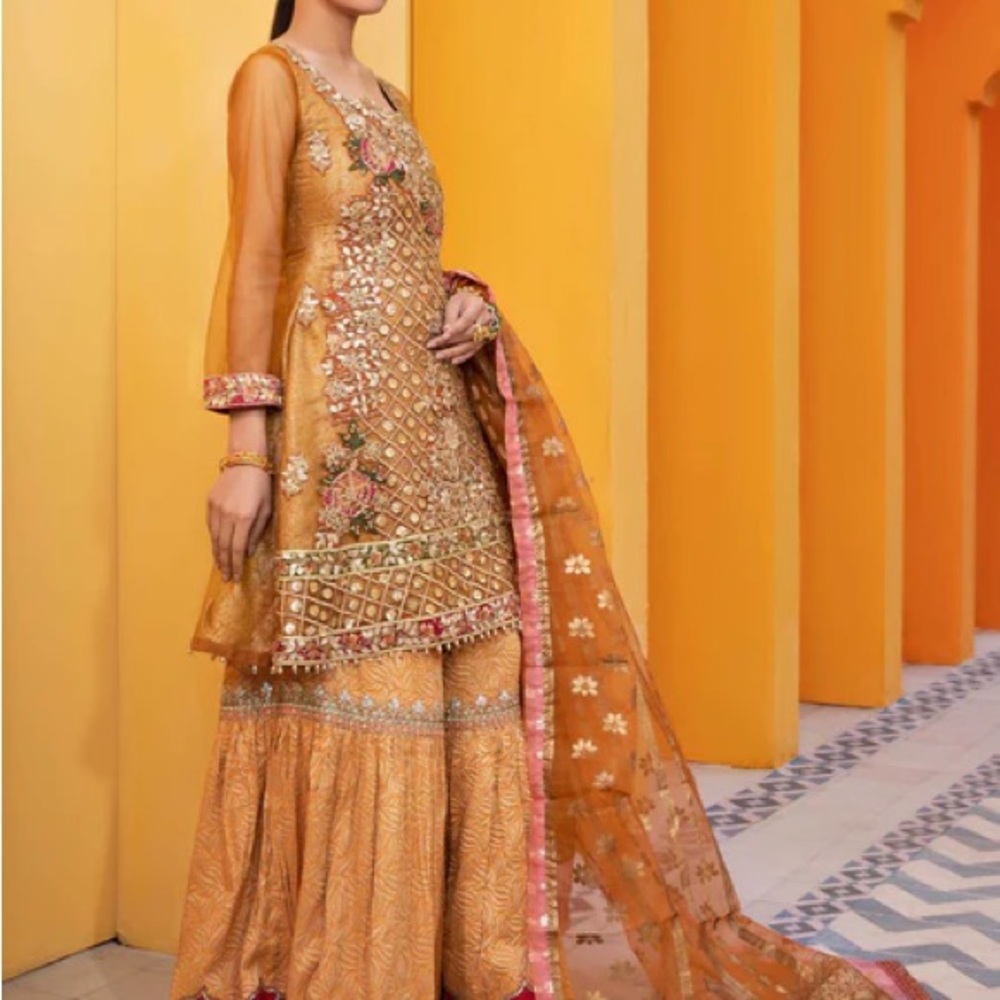Mendhi Orange Bridal Gharara Dress